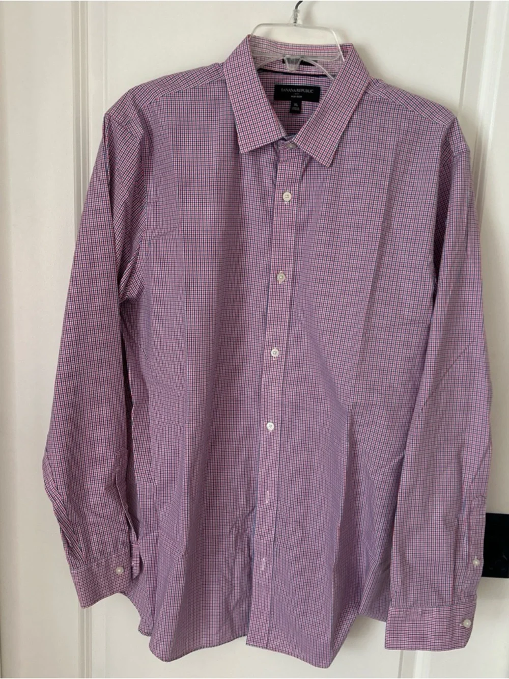 Banana Republic Men's Red and Blue Micro-Check Slim Non Iron Dress Shirt